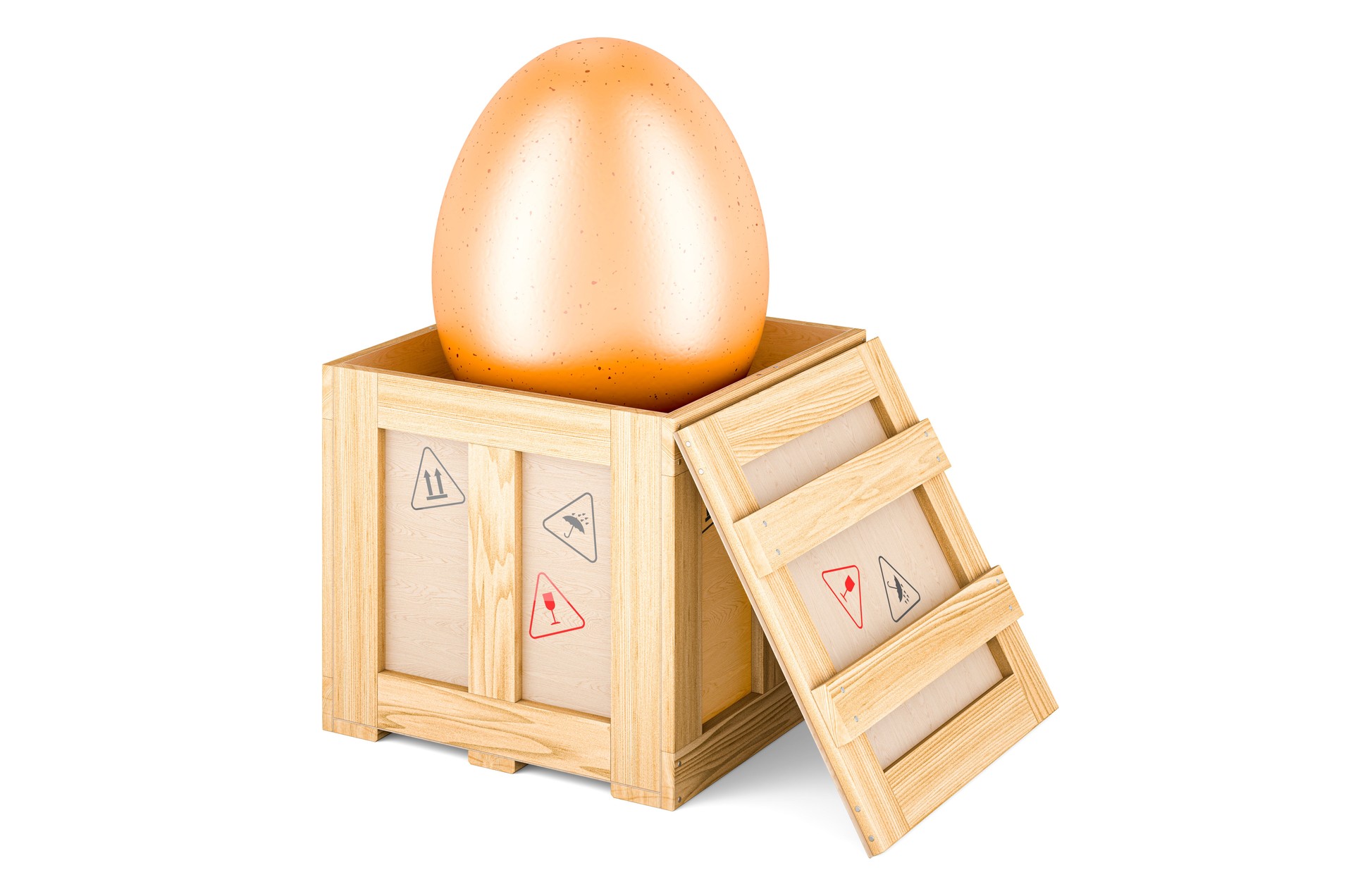 Egg inside wooden box, delivery concept. 3D rendering